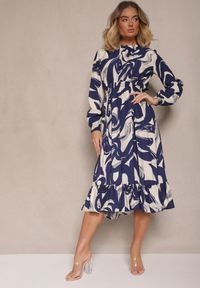 Renee - Granatowa Sukienka z Bawełną i Abstrakcyjnym Wzorem Tersedi. Okazja: na co dzień. Kolor: niebieski. Materiał: bawełna. Styl: klasyczny, elegancki, casual