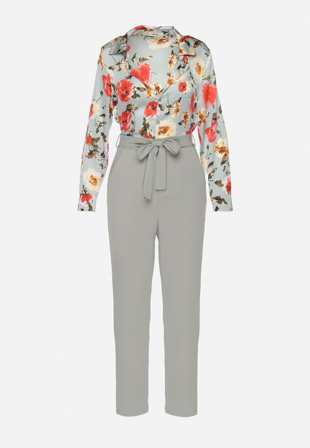 Born2be - Jasnozielony Kombinezon z Koszulową Górą w Kwiaty i Wiązanym Paskiem Sorjana. Kolor: zielony. Materiał: materiał. Długość: długie. Wzór: kwiaty. Styl: elegancki