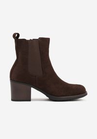 Born2be - Brązowe Botki na Obcasie Typu Sztyblety Candria. Okazja: na co dzień. Kolor: brązowy. Materiał: jeans. Wzór: aplikacja. Obcas: na obcasie. Styl: klasyczny, casual, elegancki. Wysokość obcasa: średni #7
