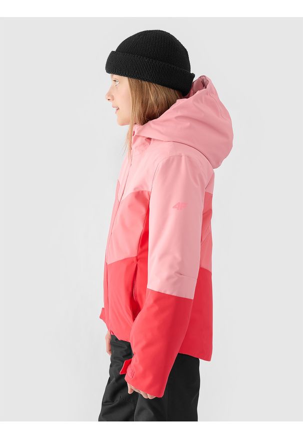 4f - 4F Kurtka narciarska membrana 8000 dziewczęca - czerwona 128 (7-8 lat). Okazja: na co dzień. Typ kołnierza: kaptur. Kolor: czerwony. Materiał: poliester, tkanina, dzianina, materiał, syntetyk. Sezon: lato. Styl: casual, sportowy, klasyczny