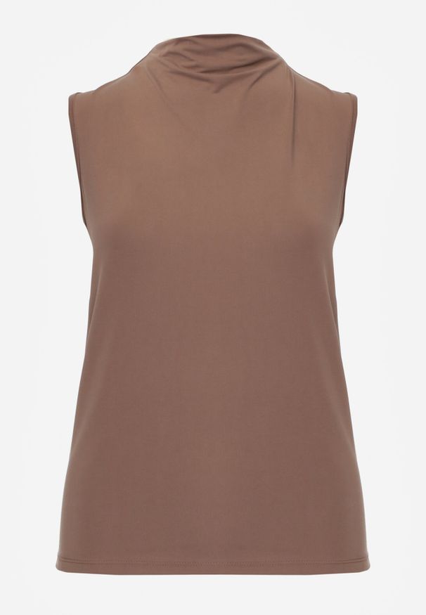 Born2be - Brązowa Gładka Bluzka Bez Rękawów z Półgolfem Nedivra. Okazja: na co dzień, do pracy, na spotkanie biznesowe. Kolor: brązowy. Materiał: jeans, materiał, elastan, poliester. Długość rękawa: bez rękawów. Wzór: gładki. Styl: klasyczny, casual, biznesowy, elegancki