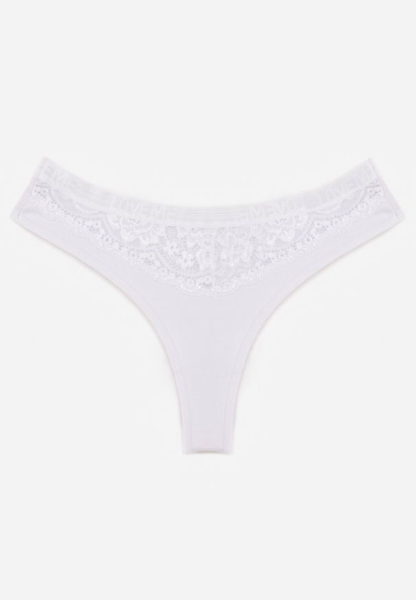 Born2be - Białe Majtki Stringi z Bawełną Ozdobione Koronką Thelanthe. Kolor: biały. Materiał: bawełna, koronka. Wzór: aplikacja, koronka
