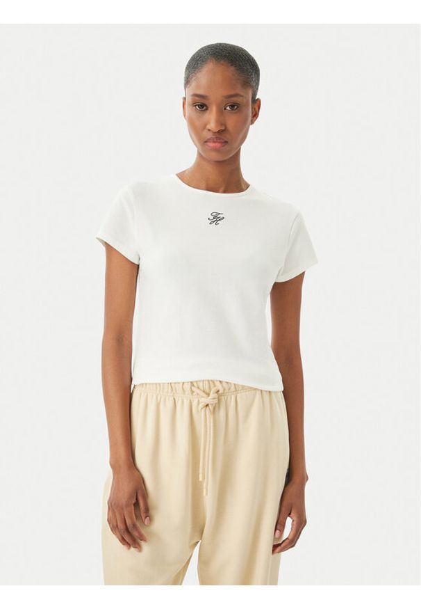 TOMMY HILFIGER - Tommy Hilfiger T-Shirt WW0WW48710 Kremowy Slim Fit. Kolor: kremowy. Materiał: bawełna