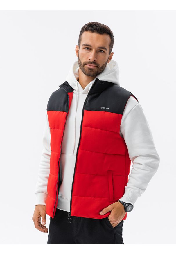 Ombre Clothing - BEZRĘKAWNIK MĘSKI PIKOWANY V63 -. Kolor: czerwony. Materiał: poliester. Długość rękawa: bez rękawów