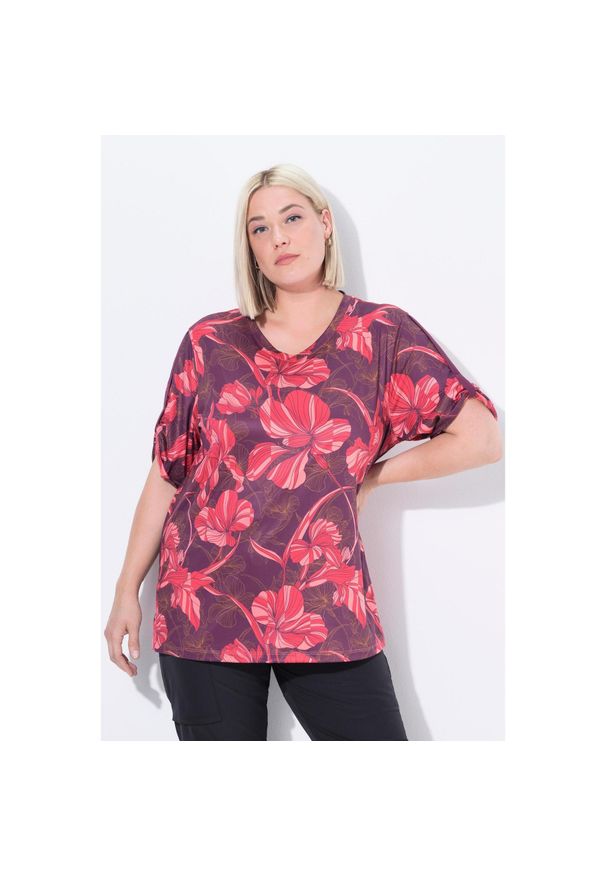 ULLA POPKEN - Damskie Bluzka funkcyjna kwiaty dekolt w serek rękaw 1/2 z recyklingu. Typ kołnierza: dekolt w serek. Kolekcja: plus size. Kolor: czerwony. Materiał: poliester, materiał, elastan. Wzór: kwiaty