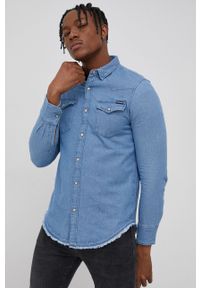 Superdry Koszula jeansowa męska regular z kołnierzykiem klasycznym. Okazja: na co dzień. Typ kołnierza: kołnierzyk klasyczny. Kolor: niebieski. Materiał: jeans. Styl: klasyczny #1