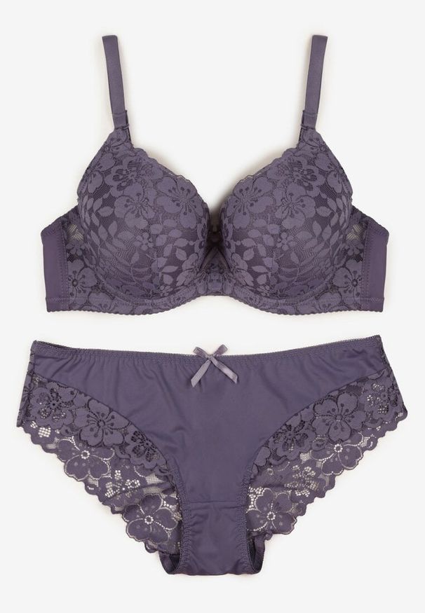 Renee - Fioletowy Koronkowy Komplet Biustonosz i Majtki Figi w Klasycznym Stylu Ezirene. Kolor: fioletowy. Materiał: koronka. Wzór: aplikacja, koronka