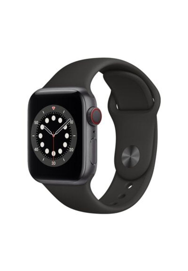 APPLE Watch 6 Cellular 44mm (Gwiezdna szarość z opaską sportową w kolorze czarnym). Rodzaj zegarka: smartwatch. Kolor: czarny. Materiał: poliester, nylon, guma, materiał. Styl: sportowy