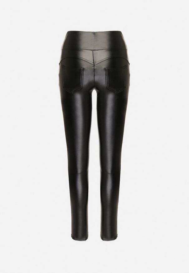 Born2be - Czarne Legginsy z Imitacji Skóry i Kieszeni z Wysokim Stanem Olabria. Okazja: na co dzień. Stan: podwyższony. Kolor: czarny. Materiał: skóra. Styl: casual, elegancki