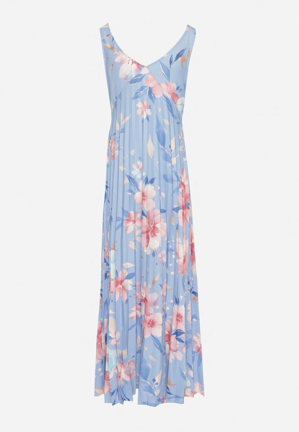 Born2be - Niebieska Sukienka o Rozkloszowanym Kroju z Plisami i Dekoltem w Serek Nitolina. Okazja: na co dzień, na spacer. Typ kołnierza: dekolt w serek. Kolor: niebieski. Materiał: jeans. Długość rękawa: na ramiączkach. Typ sukienki: rozkloszowane. Styl: casual