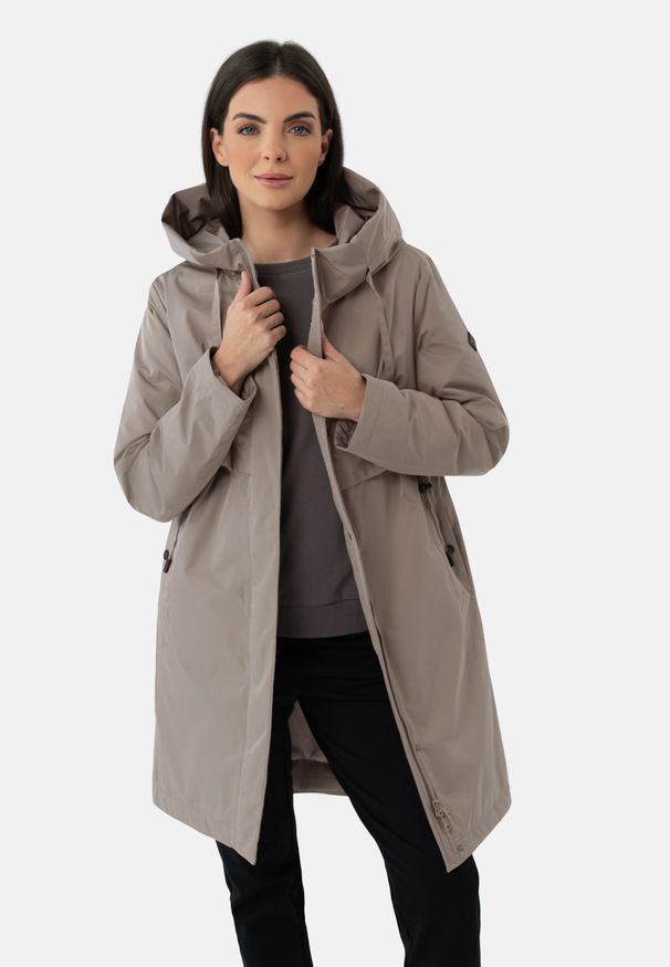 Volcano - Płaszcz damski z kapturem J-AGATE. Typ kołnierza: kaptur. Kolekcja: plus size. Kolor: szary. Materiał: materiał, poliester. Długość: długie. Wzór: gładki. Sezon: wiosna, jesień