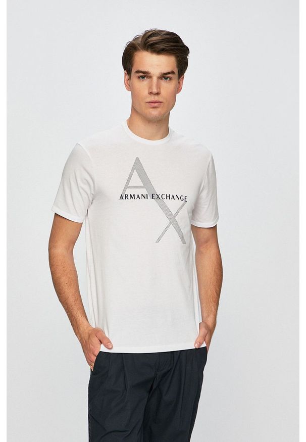 Armani Exchange - T-shirt. Okazja: na co dzień. Kolor: biały. Materiał: dzianina. Wzór: nadruk. Styl: casual