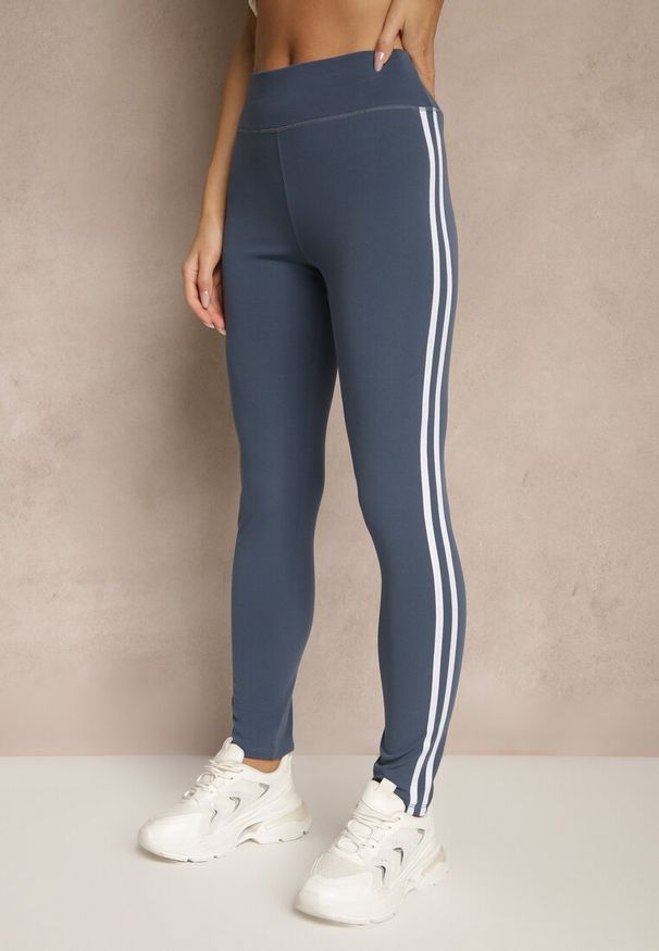 Renee - Niebieskie Legginsy Ozdobione Lampasami Puelle. Okazja: na co dzień. Kolor: niebieski. Wzór: aplikacja. Styl: sportowy, casual