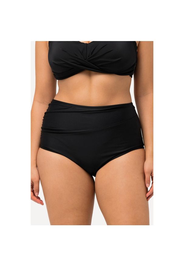 ULLA POPKEN - Damski Dół od bikini drapowanie wysoki stan. Kolekcja: plus size. Kolor: czarny. Materiał: poliester, elastan, poliamid, materiał