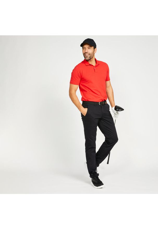 INESIS - Koszulka polo do golfa z krótkim rękawem męska Inesis MW500. Typ kołnierza: golf, polo. Kolor: czerwony. Materiał: bawełna, materiał, poliester. Długość rękawa: krótki rękaw. Długość: krótkie. Wzór: ze splotem. Styl: klasyczny
