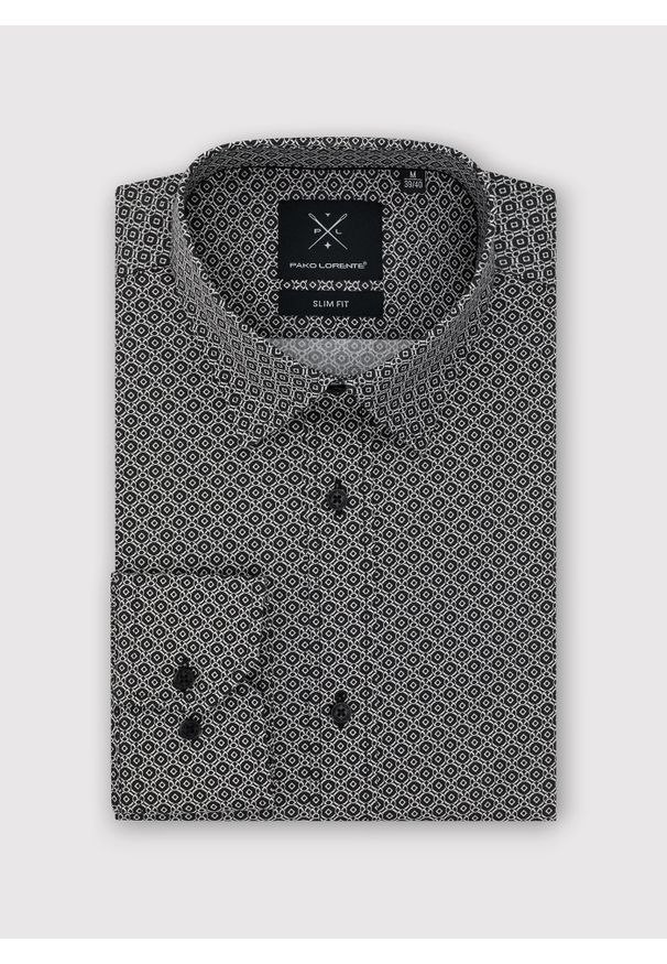 Pako Lorente - PAKO LORENTE - Czarna koszula męska w mikrowzór. Kolor: czarny. Materiał: bawełna, elastan. Długość rękawa: długi rękaw. Długość: długie