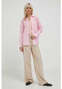 Polo Ralph Lauren koszula lniana kolor różowy regular z kołnierzykiem klasycznym. Okazja: na co dzień. Typ kołnierza: kołnierzyk klasyczny, polo. Kolor: różowy. Materiał: len. Wzór: gładki, aplikacja. Styl: klasyczny #3