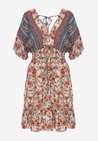 Born2be - Beżowo-Granatowa Sukienka Mini z Wiskozy z Gumkami w Talii z Falbanką Hypalina. Kolor: beżowy. Materiał: wiskoza. Długość: mini #7