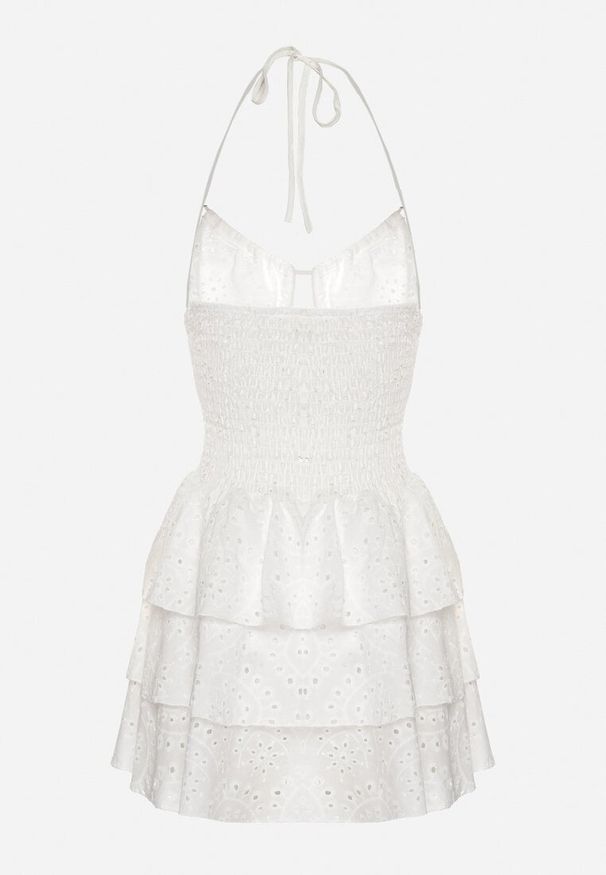 Born2be - Biała Bawełniana Sukienka z Wiązaniem i Falbanami Zdobiona Haftem Filavienna. Okazja: na co dzień. Kolor: biały. Materiał: bawełna. Wzór: aplikacja, haft. Styl: klasyczny, casual, elegancki