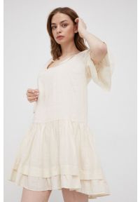 Sisley sukienka lniana kolor beżowy mini rozkloszowana. Kolor: beżowy. Materiał: len. Długość rękawa: krótki rękaw. Typ sukienki: rozkloszowane. Długość: mini