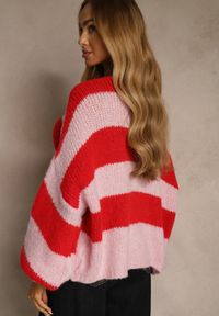 Renee - Czerwony Oversizowy Kardigan w Paski z Wiązaniem z Domieszką Wełny i Wiskozy Retile. Kolor: czerwony. Materiał: wełna, wiskoza. Wzór: paski #2