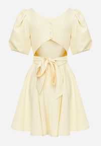 Renee - Żółta Elegancka Sukienka z Bufiastymi Rękawami Odkrytymi Plecami i Wiązaniem Haritte. Kolor: żółty. Typ sukienki: rozkloszowane. Styl: elegancki #10