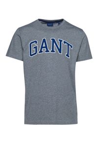 GANT - Szary t-shirt z dużym logo. Kolor: szary. Materiał: jeans, bawełna. Wzór: nadruk #3