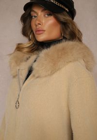 Renee - Beżowy Rozpinany Płaszcz z Wiskozą Wełną i Futerkiem Xesalttia. Okazja: do pracy. Kolor: beżowy. Materiał: wiskoza, futro, wełna. Styl: elegancki #4