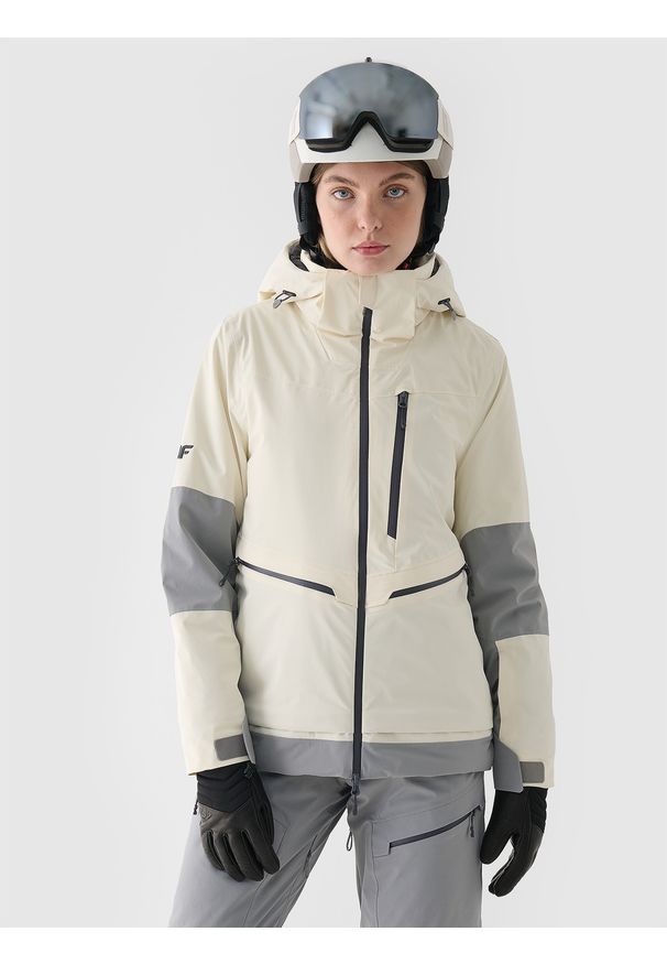 4f - 4F Kurtka narciarska membrana 15000 damska - biała XL. Typ kołnierza: kaptur. Kolor: biały. Materiał: dzianina, włókno, materiał, tkanina. Długość: długie. Wzór: aplikacja, gładki. Sezon: zima. Styl: klasyczny