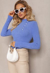 Renee - Niebieski Wełniany Sweter z Biżuteryjnymi Guzikami i Dłuższym Włosiem Tuvelio. Kolor: niebieski. Materiał: wełna. Długość: długie #4