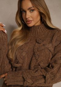 Renee - Brązowy Golf z Dodatkiem Wełny ze Strukturalnym Splotem Fedansa. Okazja: na co dzień. Typ kołnierza: golf. Kolor: brązowy. Materiał: wełna. Długość: długie. Wzór: ze splotem. Styl: casual, klasyczny #3