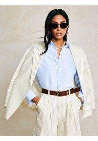 Big-Star - Marynarka damska lniana w prążek kremowa Kinnia 102. Kolor: kremowy. Materiał: len. Wzór: prążki #4