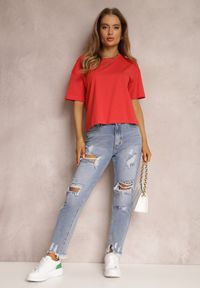 Renee - Czerwony T-shirt Clathera. Kolor: czerwony. Materiał: bawełna, jeans. Długość rękawa: krótki rękaw. Długość: krótkie. Wzór: gładki, jednolity #4