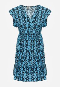 Born2be - Niebiesko-Granatowa Sukienka Mini z Wiskozy z Falbanką Przy Ramionach i na Dole Jaysing. Kolor: niebieski. Materiał: wiskoza. Długość: mini #3