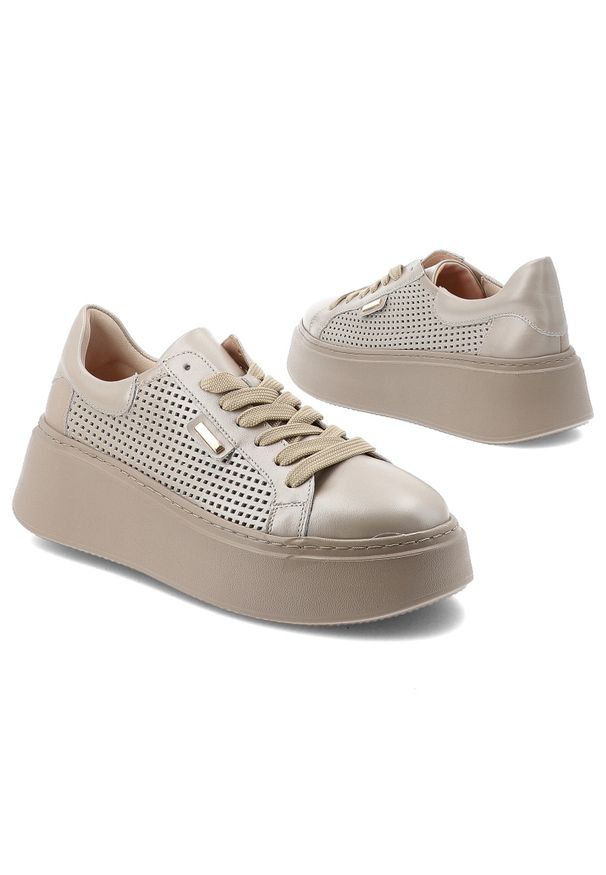 Sneakersy damskie Armodo, cholewka ze skóry naturalnej perforowana forma zapewniająca lekkość klasyczne sznurowanie stabilna podeszwa, beżowe, DS-777. Zapięcie: sznurówki. Kolor: beżowy. Materiał: skóra. Szerokość cholewki: normalna. Wzór: ażurowy. Obcas: na platformie. Styl: klasyczny