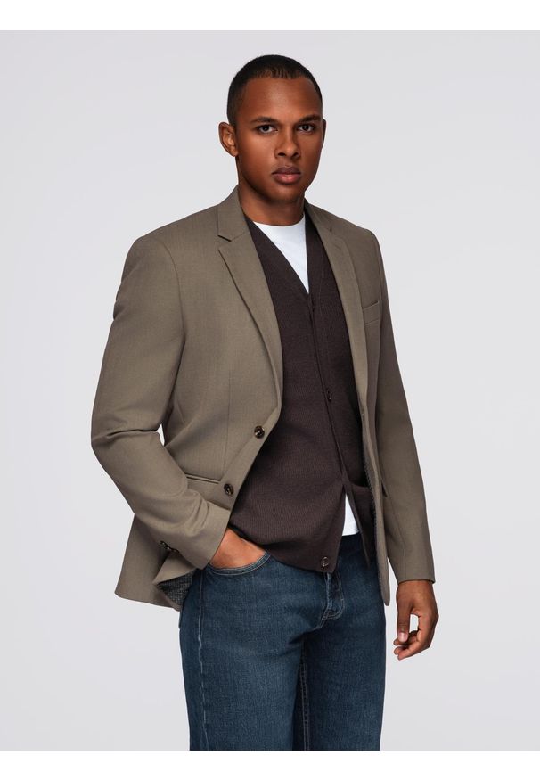 Ombre Clothing - Męska elegancka marynarka SLIM FIT z rayonem – oliwkowa V5 - Rozmiar: XL. Kolor: oliwkowy. Materiał: materiał, tkanina, poliester. Wzór: ze splotem. Styl: elegancki