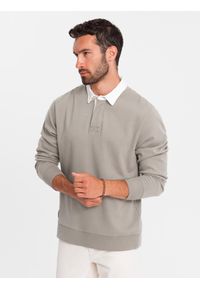 Ombre Clothing - Bluza męska z białym kołnierzykiem polo - ciemnobeżowa V2 - Rozmiar: XXL. Typ kołnierza: polo. Kolor: beżowy. Materiał: materiał, poliester, bawełna