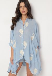 Born2be - Niebieska Bawełniana Koszula o Kroju Nietoperza z Haftami Lilariela. Okazja: na co dzień. Kolor: niebieski. Materiał: bawełna. Wzór: haft. Styl: elegancki, casual #7