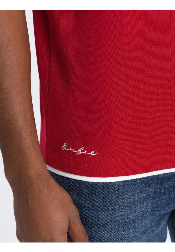 Ombre Clothing - Bawełniana koszulka męska polo z kontrastowymi wykończeniami – czerwona V2 - Rozmiar: XL. Typ kołnierza: polo. Kolor: czerwony. Materiał: bawełna. Wzór: haft