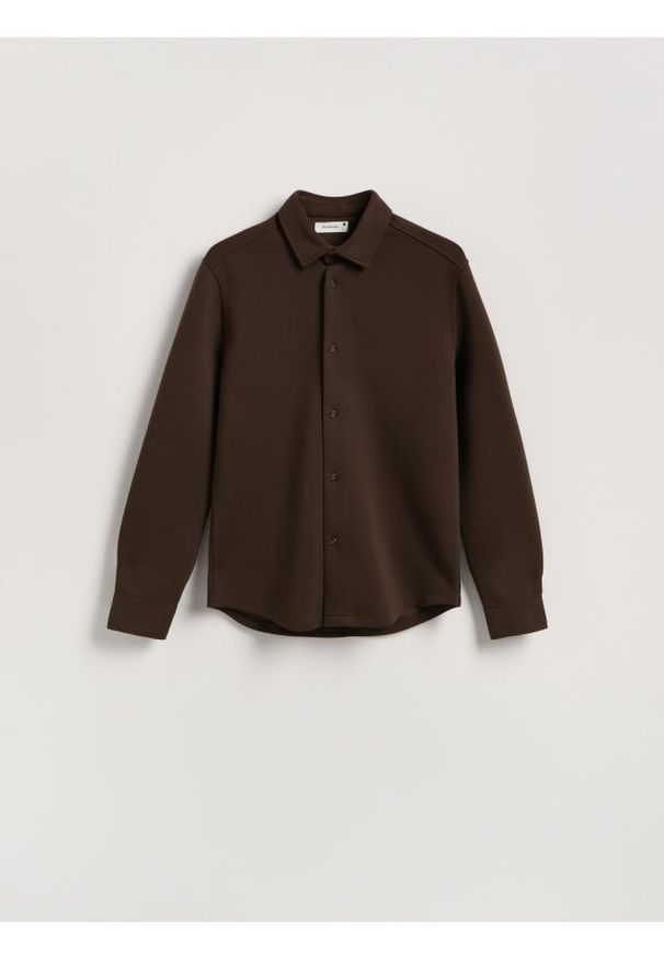 Reserved - Gładka koszula slim fit - brązowy. Kolor: brązowy. Materiał: bawełna, dzianina. Wzór: gładki