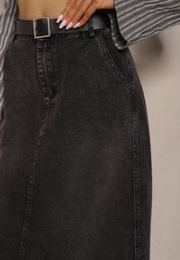 Renee - Czarna Jeansowa Spódnica Maxi o Rozkloszowanym Kroju z Paskiem Teviva. Kolor: czarny. Materiał: jeans. Sezon: lato, wiosna #4