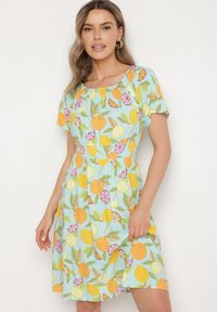 Born2be - Jasnoniebieska Sukienka Hiszpanka z Bawełną i Motywem Cytrusów Avfila. Okazja: na co dzień. Typ kołnierza: dekolt hiszpanka. Kolor: niebieski. Materiał: bawełna. Sezon: lato. Styl: elegancki, casual #3