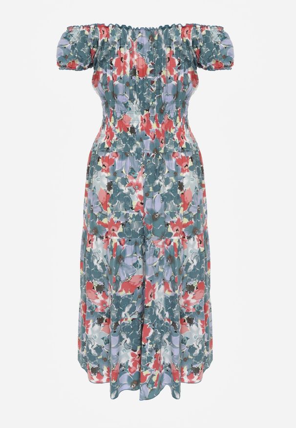 Renee - Zielono-Niebieska Sukienka Midi z Krótkim Rękawem z Wiskozy w Kwiaty Emena. Kolor: zielony. Materiał: wiskoza. Długość rękawa: krótki rękaw. Wzór: kwiaty. Sezon: lato. Typ sukienki: rozkloszowane. Długość: midi