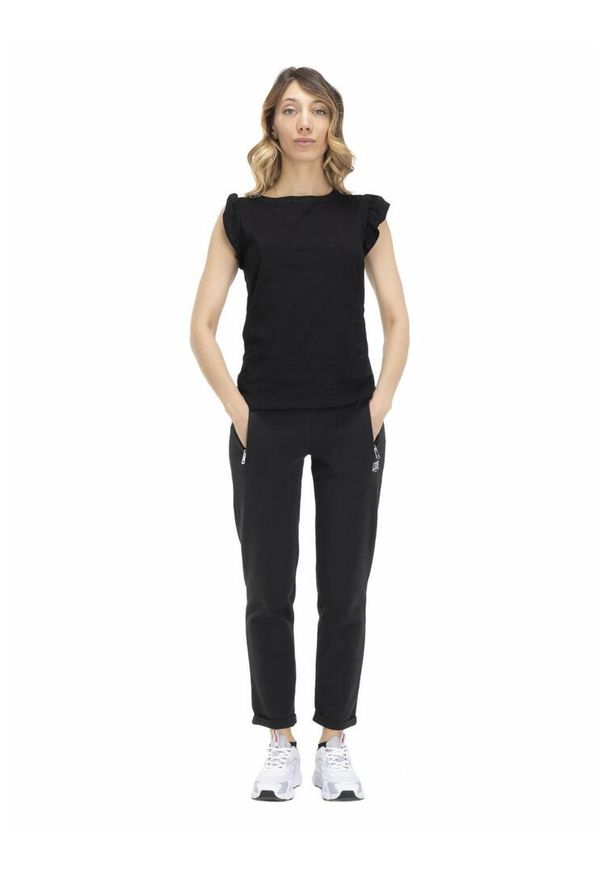 LEONE 1947 APPAREL - T-shirt damski z falbaną w kolorach ziemi. Kolor: czarny. Materiał: tkanina. Sport: fitness