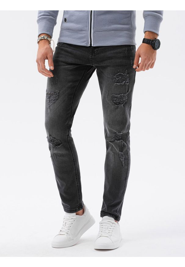Ombre Clothing - Spodnie męskie jeansowe z dziurami REGULAR FIT P1024 - czarne - XXL. Okazja: na co dzień. Kolor: czarny. Materiał: jeans. Styl: casual, klasyczny