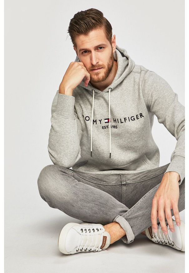 TOMMY HILFIGER - Tommy Hilfiger - Bluza. Okazja: na co dzień. Typ kołnierza: kaptur. Kolor: szary. Wzór: aplikacja. Styl: casual