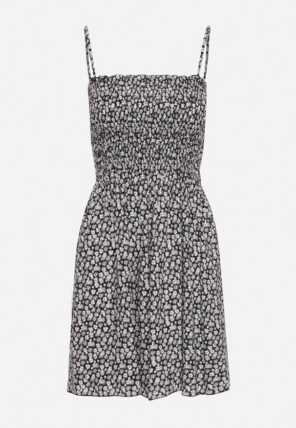 Born2be - Czarno-Biała Bawełniana Sukienka na Regulowanych Ramiączkach z Elastycznym Dekoltem Risetta. Kolor: czarny. Materiał: bawełna. Długość rękawa: na ramiączkach. Wzór: kwiaty. Sezon: wiosna, lato