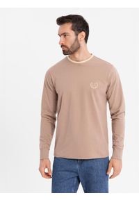 Ombre Clothing - Longsleeve bawełniany męski z dekoltem U w paski i haftem – brązowy V6. Kolor: brązowy. Materiał: bawełna. Długość rękawa: długi rękaw. Wzór: haft, paski. Styl: sportowy