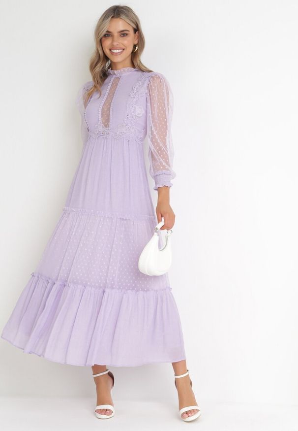 Born2be - Fioletowa Rozkloszowana Sukienka z Ozdobnymi Tiulowymi Wstawkami Revisa. Typ kołnierza: kołnierz z falbankami. Kolor: fioletowy. Materiał: tiul. Wzór: aplikacja. Długość: maxi
