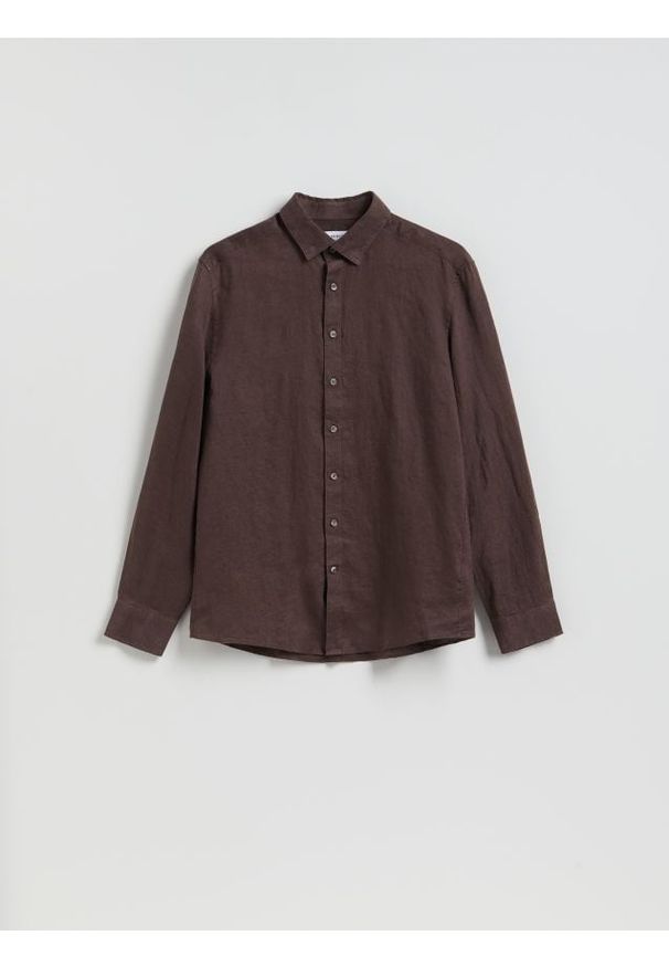 Reserved - Lniana koszula regular fit - ciemnobrązowy. Kolor: brązowy. Materiał: len